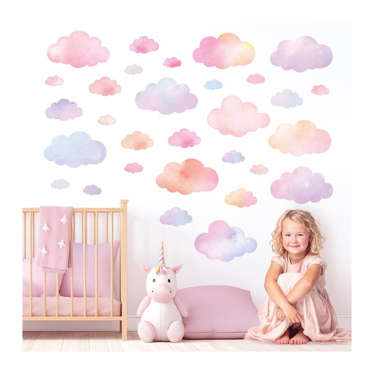 DECOWALL Wandaufkleber Wolken im Aquarell-Stil für das Kinderzimmer, Pastellfarben Rosa Lila Blau Pfirsich, Wiederverwendbar - Bild 1