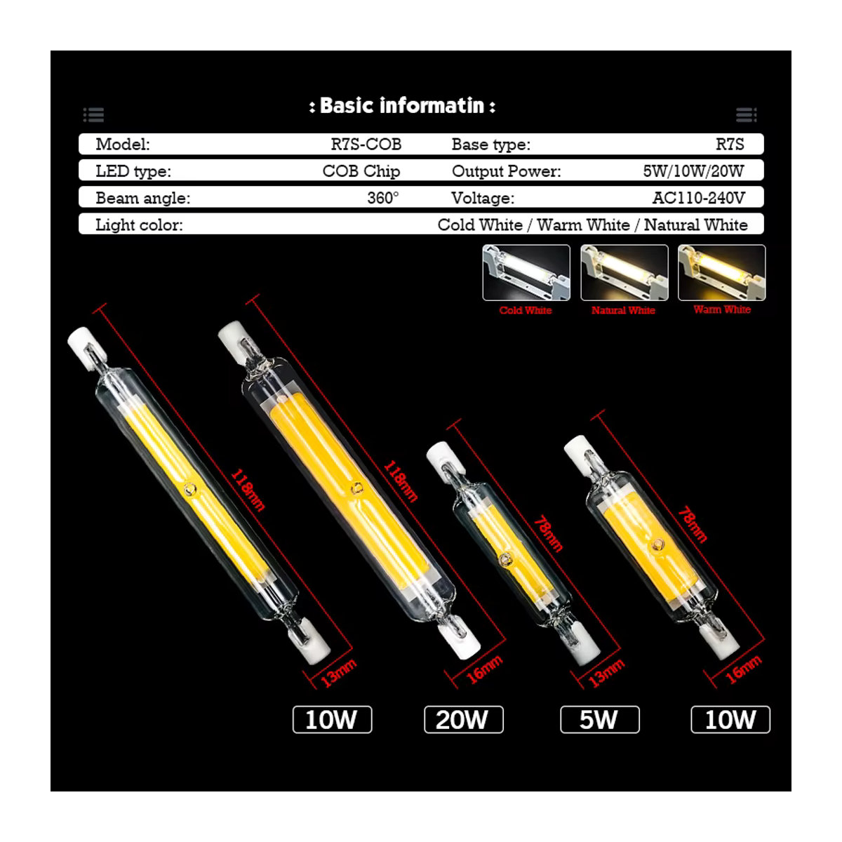 DEEMOPA LED R7s COB Glas Röhren Glühbirne Ersatz für Halogenlampen AC 110V 220V 5W 10W 20W 78mm 118mm - Bild 2