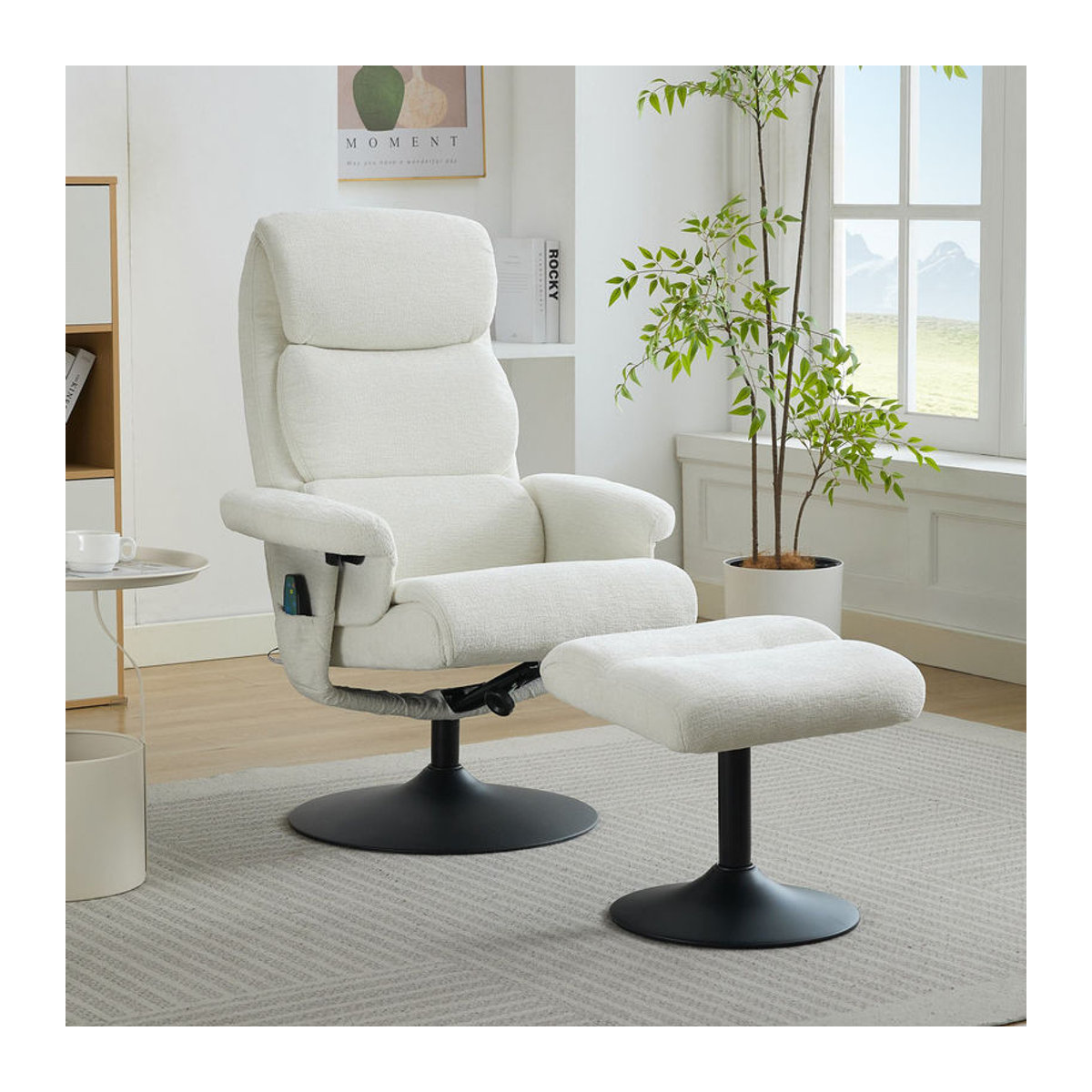DEKO COLLECTION Relaxsessel mit Liegefunktion, 5-Punkte-Massage und elektrischer Heizfunktion inklusive Hocker, 360 Grad drehbar, Chenille-Stoff, Weiß, B/T/H: 77,5 x 77 x 100 cm - Bild 2