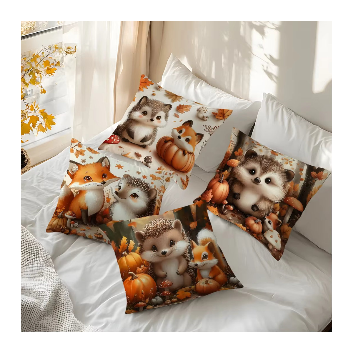 Dekokissenbezug mit Igel Fuchs und Kürbis Motiv aus Polyester, B/B/H: 45 x 45 x 0 cm - Bild 2