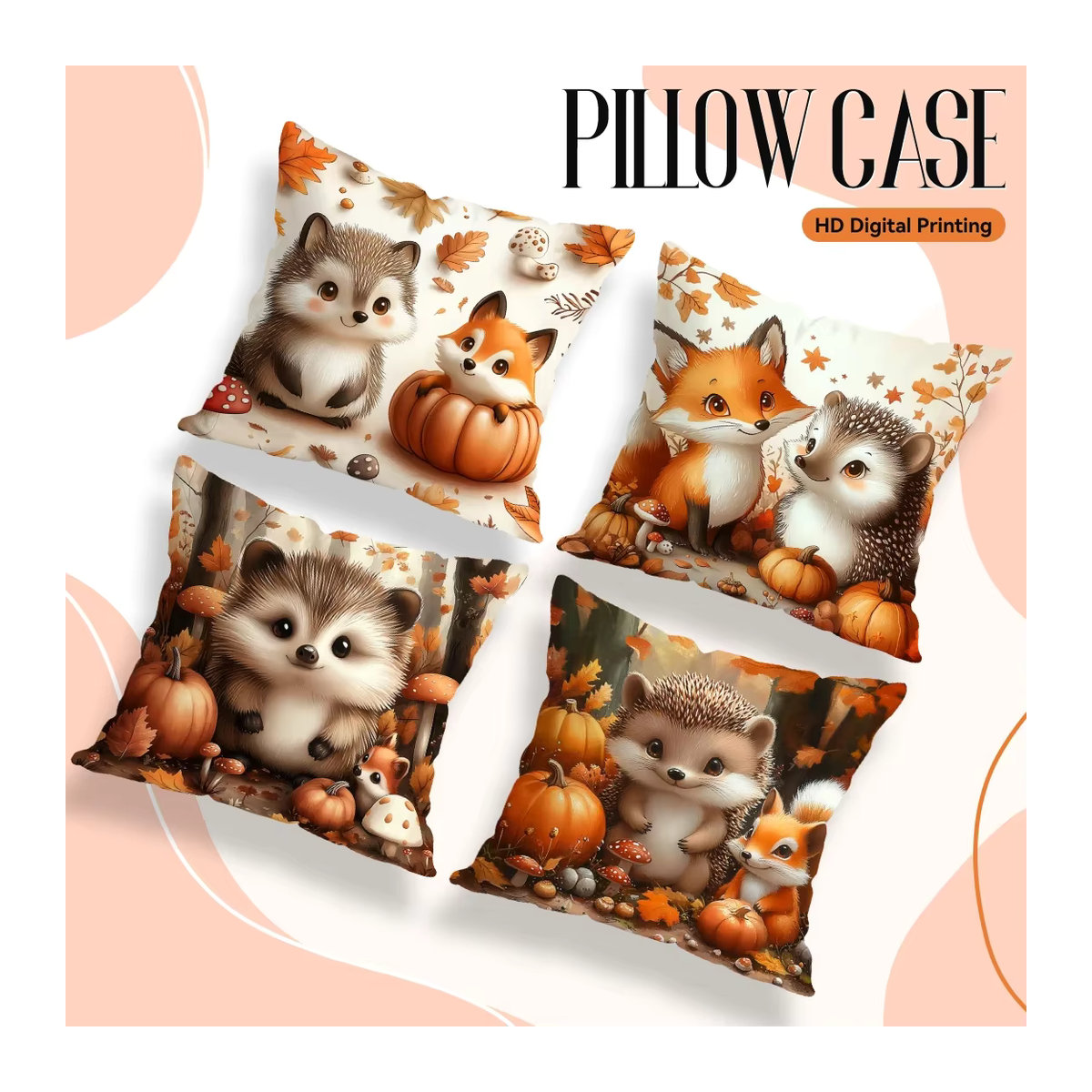 Dekokissenbezug mit Igel Fuchs und Kürbis Motiv aus Polyester, B/B/H: 45 x 45 x 0 cm - Bild 3