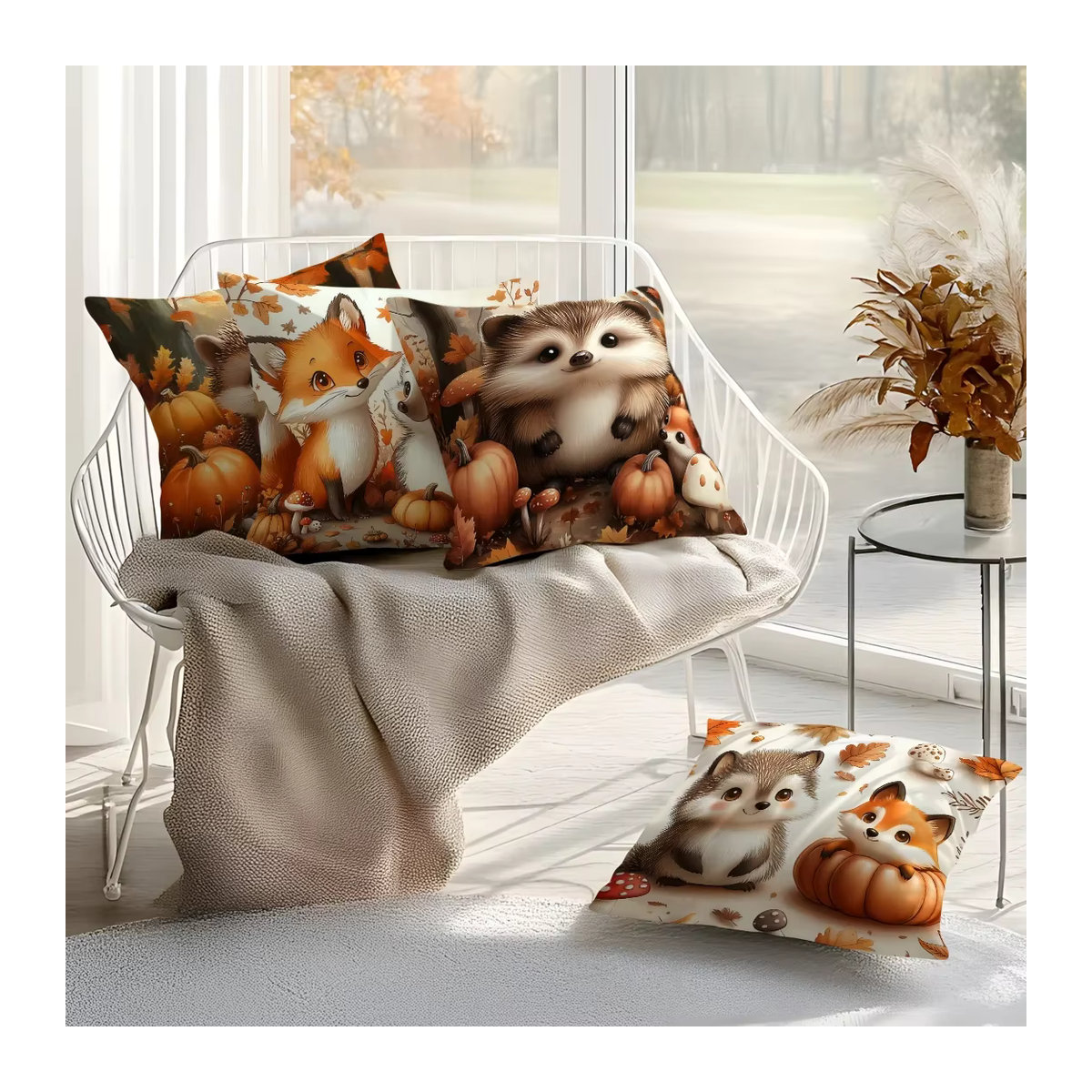 Dekokissenbezug mit Igel Fuchs und Kürbis Motiv aus Polyester, B/B/H: 45 x 45 x 0 cm - Bild 4