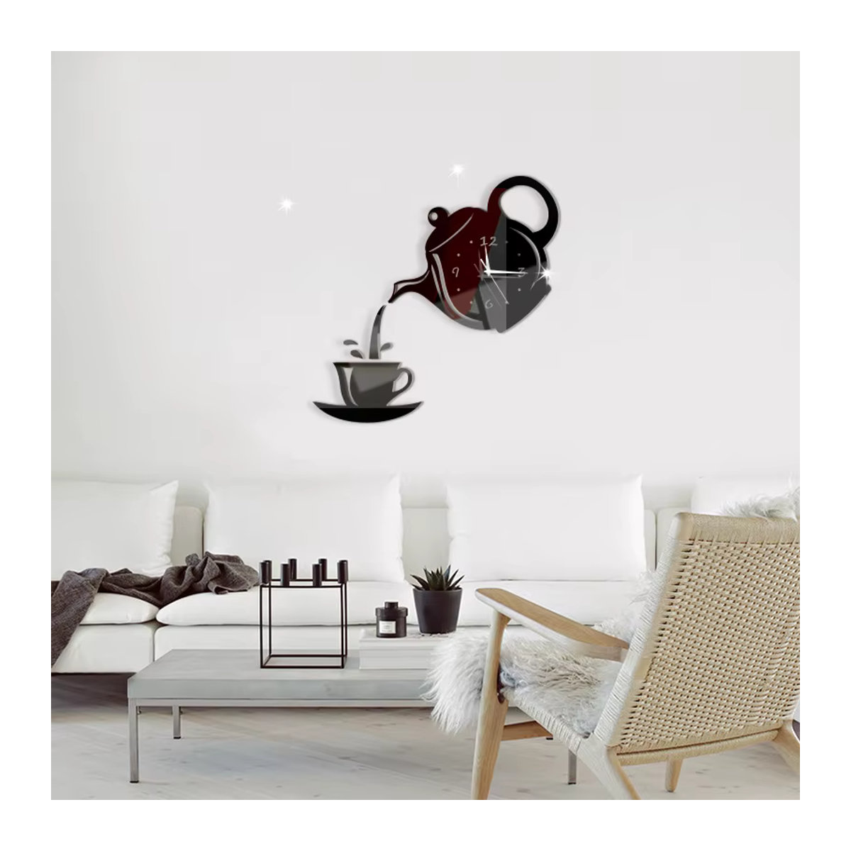 Dekorative 3D Wanduhr im Kaffeetassen- und Teekannen-Design von lazyishhouse, analoge Wanduhr aus Kunststoff in Schwarz und Gold - Bild 2