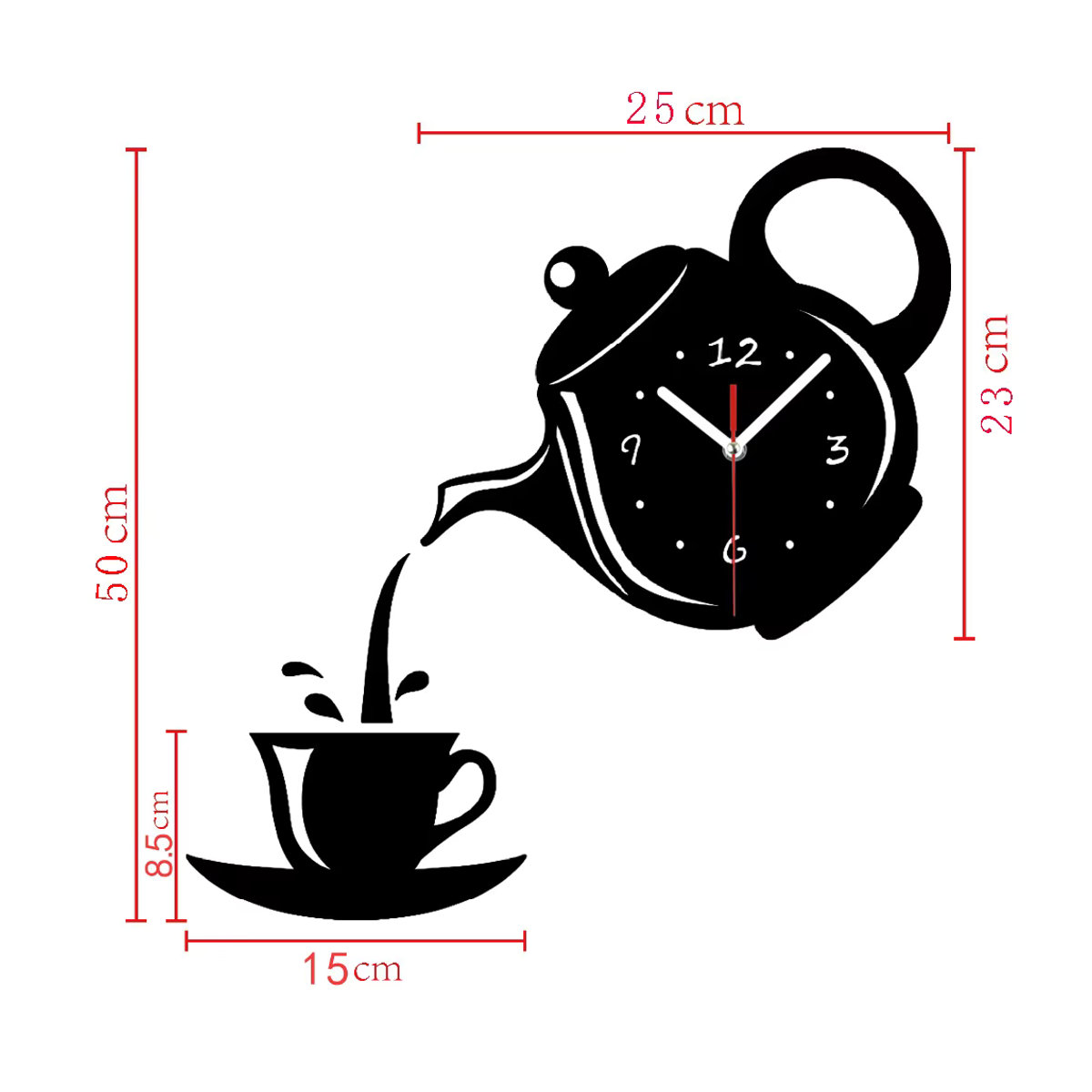 Dekorative 3D Wanduhr im Kaffeetassen- und Teekannen-Design von lazyishhouse, analoge Wanduhr aus Kunststoff in Schwarz und Gold - Bild 3