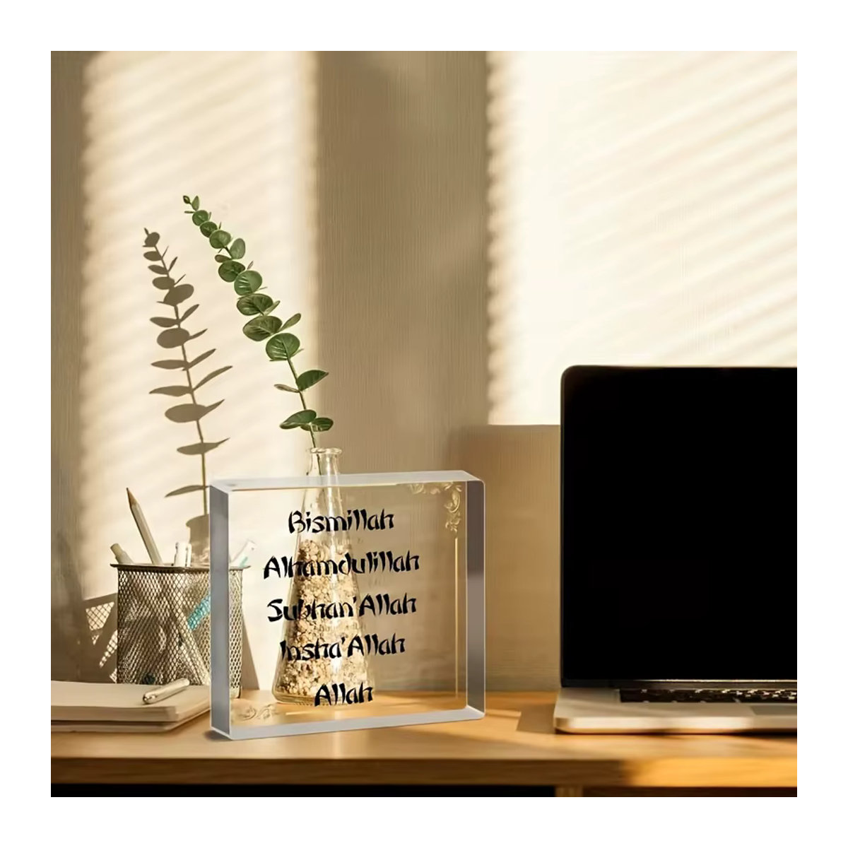 Dekorative Acryl-Tischdekoration mit arabischen Zitaten Bismillah und Alhamdulillah, quadratische Typografie-Kunst aus transparentem Acrylglas für Ramadan und Büro - Bild 6