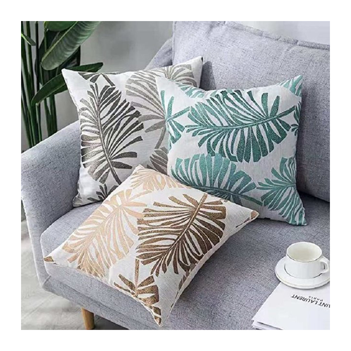 Dekorative Blatt-Kissenbezüge von inyahome mit Jacquard-Design in Blau und Mehrfarbig, B/B: 45 x 45 cm - Bild 1