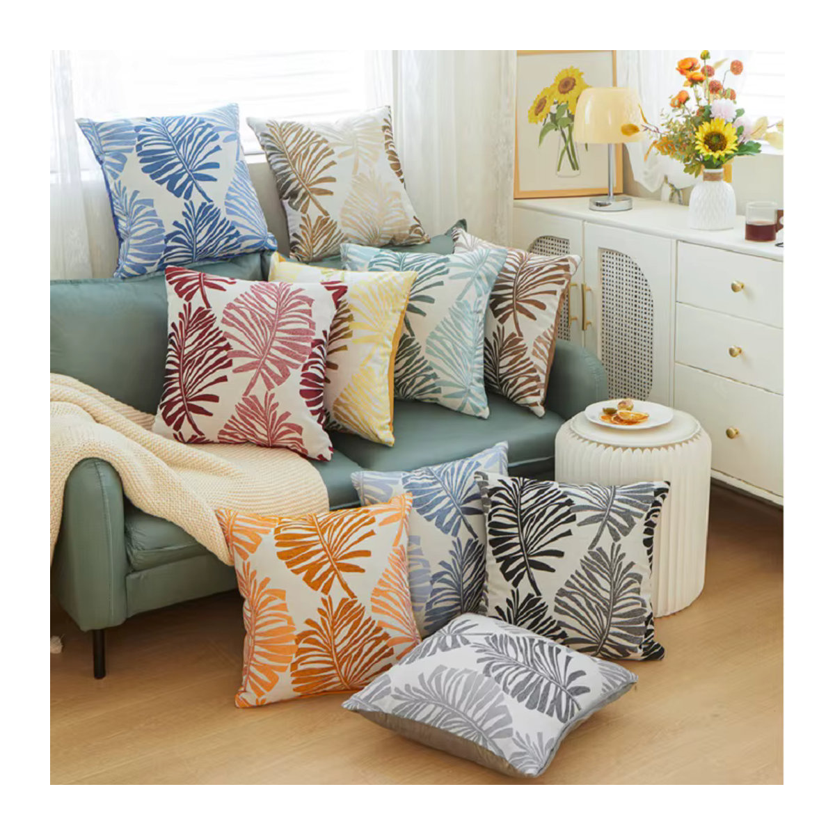 Dekorative Blatt-Kissenbezüge von inyahome mit Jacquard-Design in Blau und Mehrfarbig, B/B: 45 x 45 cm - Bild 3