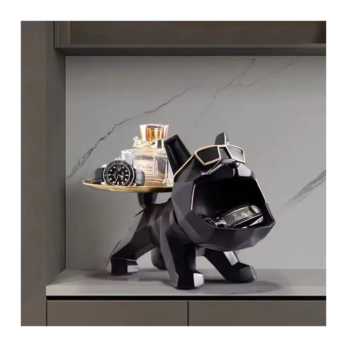 Dekorative Bulldogge als Hund-Butler mit Tablett für Schlüssel und Schmuck, rote Tierfigur aus Harz - Bild 4
