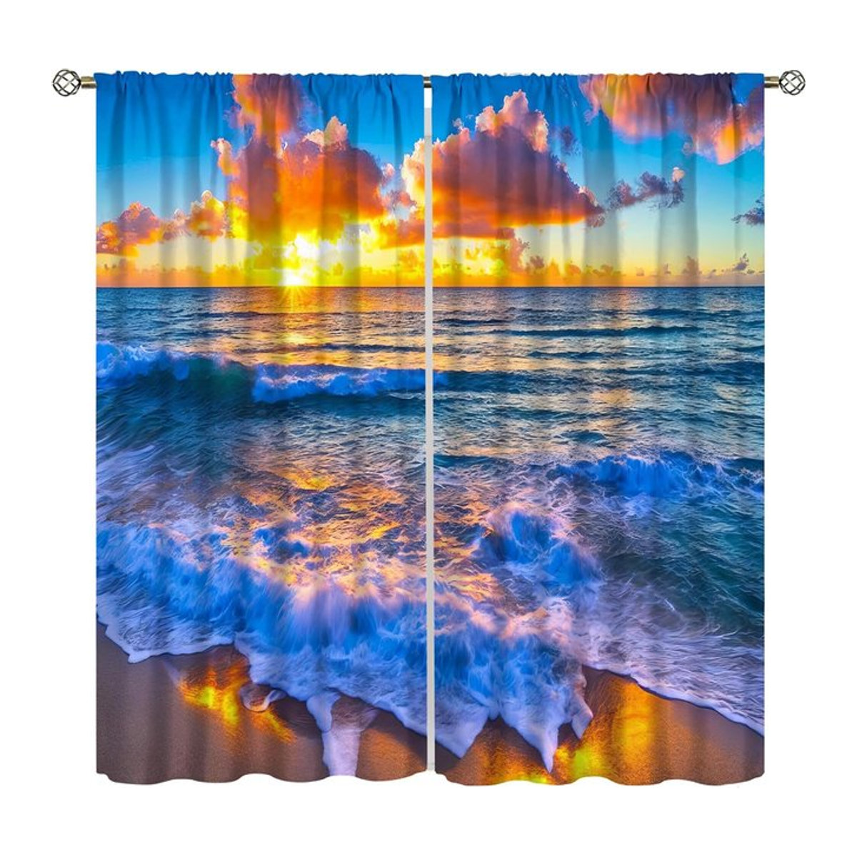 Dekorative Fenster Vorhänge mit Ozean Strand und Sonnenuntergang Motiv, 2er Set, Multicolor, B: 100 cm, H: 70 cm - Bild 1
