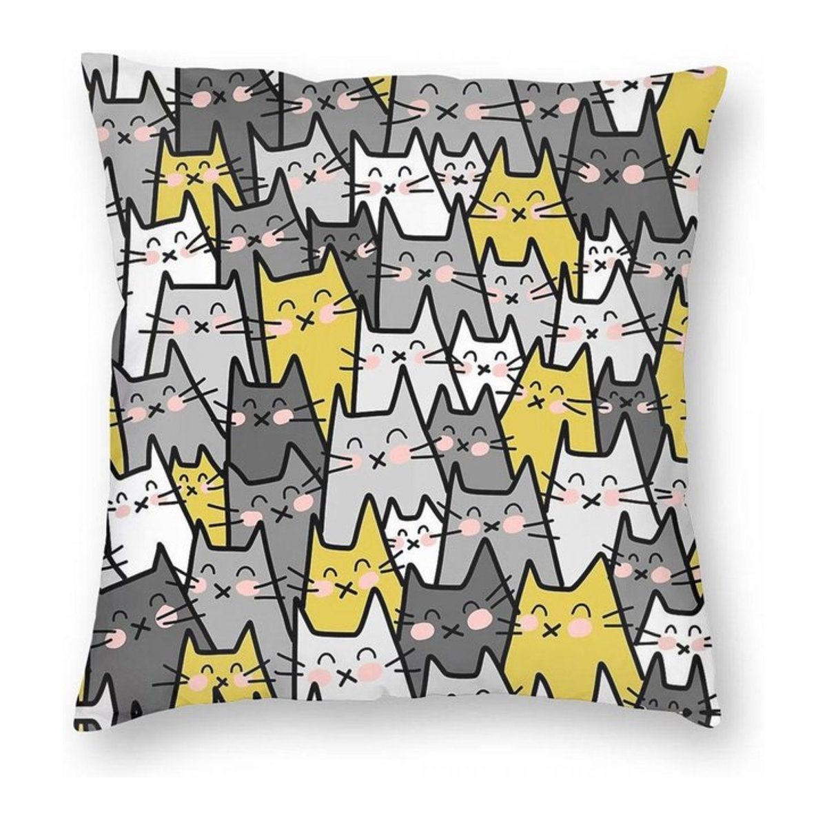Dekorative Katzenparty Kissenhülle aus Polyester und Leinen in Grau und Senfgelb mit Reißverschluss, B/H: 18 x 18 cm - Bild 1