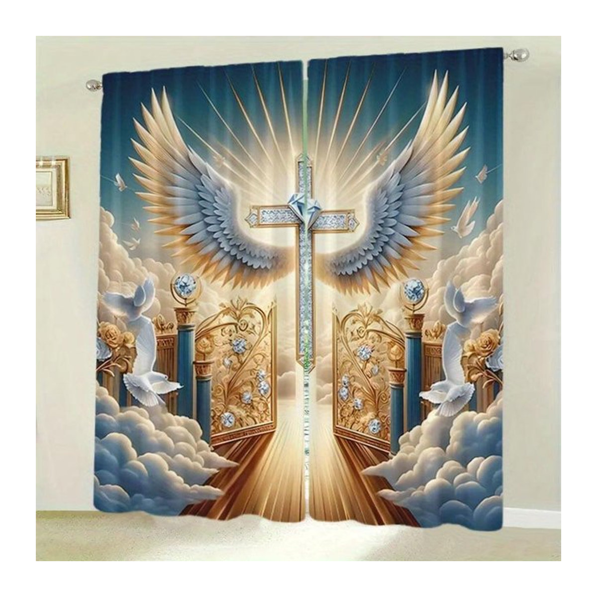 Dekorative Polyester-Vorhänge mit Himmel und Flügel-Druck für Wohnzimmer, Schlafzimmer oder Küche, Set aus 2 Stück inklusive Haken, Breite: 100 cm, Höhe: 70 cm - Bild 1