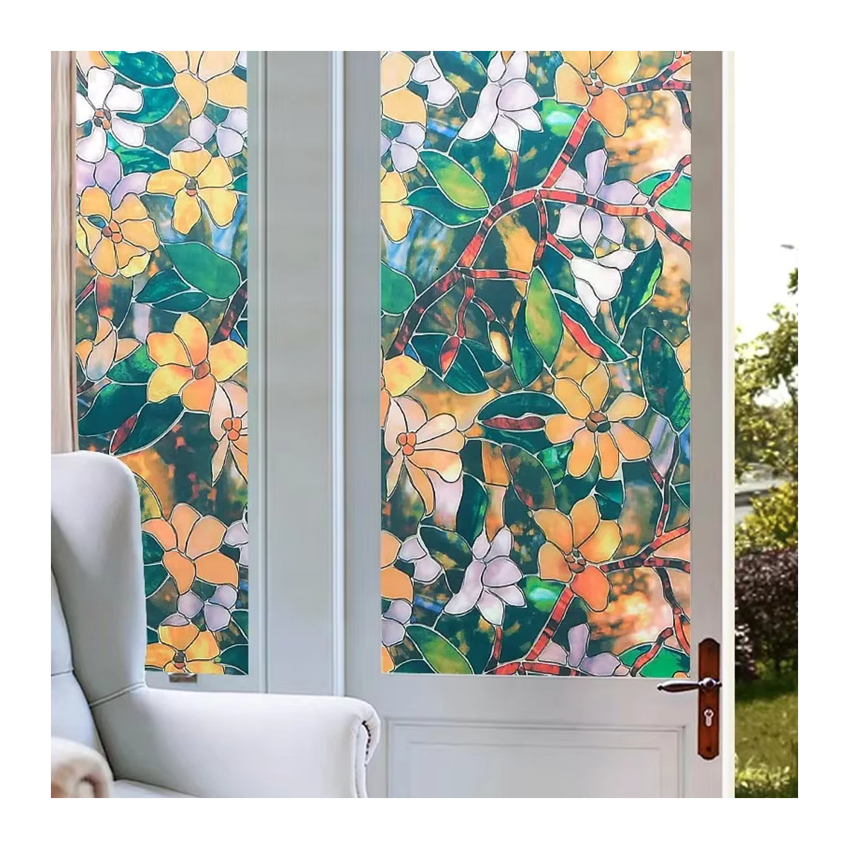 Dekorative PVC Fensterfolie mit Blumenmuster in Matt-Optik von ctzszzmm für Badezimmer und Türen, Art Déco Design, mehrfarbig - Bild 3