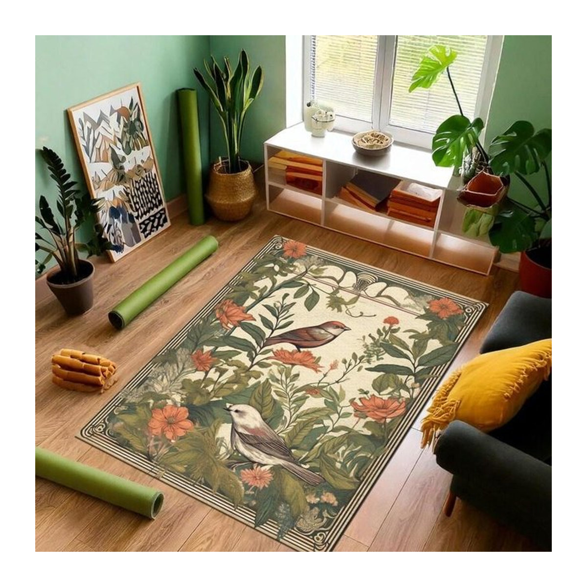 Dekorative Teppichmatte mit Naturmotiv Blume Vogel Fledermaus und Käfer für Eingang Küche Flur oder Sofa, B/T: 60 x 40 cm - Bild 1