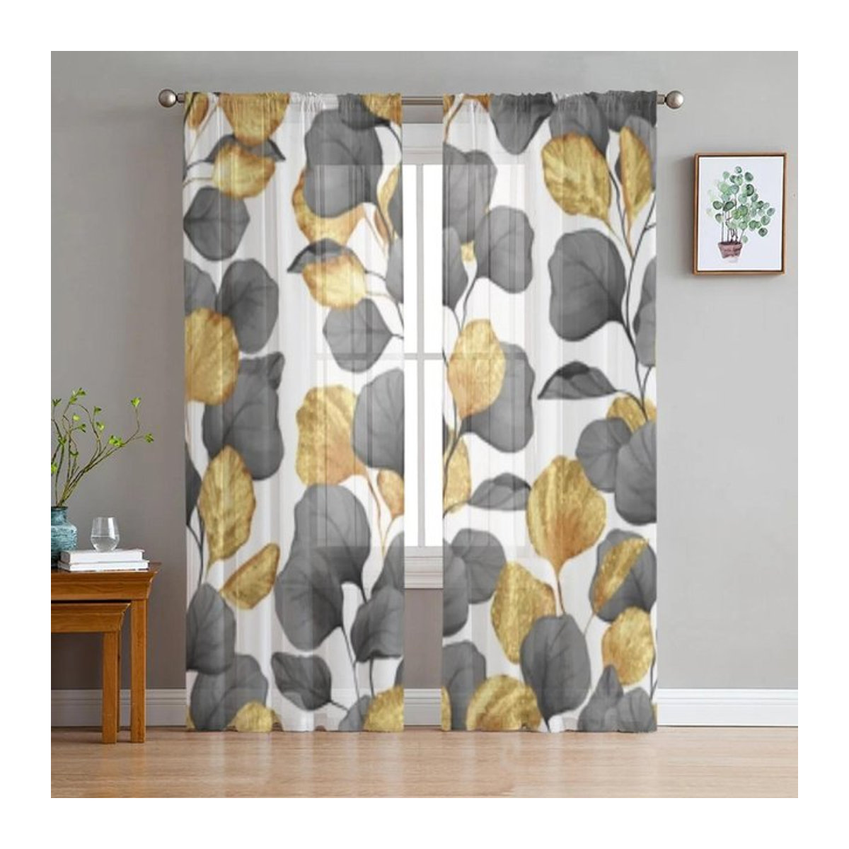 Dekorative transparente Tüll-Gardine von A Family Of Home Textiles in Schwarz und Gold mit Blättermuster, Breite: 135 cm, Höhe: 114 cm - Bild 1