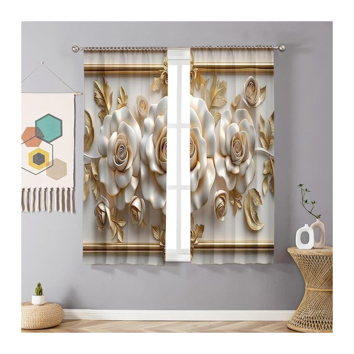 Dekorative Vorhangset aus Polyester mit Relief-Design in Gold und Weiß, Europäischer Stil für Wohnzimmer und Schlafzimmer, Breite: 100 cm, Höhe: 70 cm - Bild 1