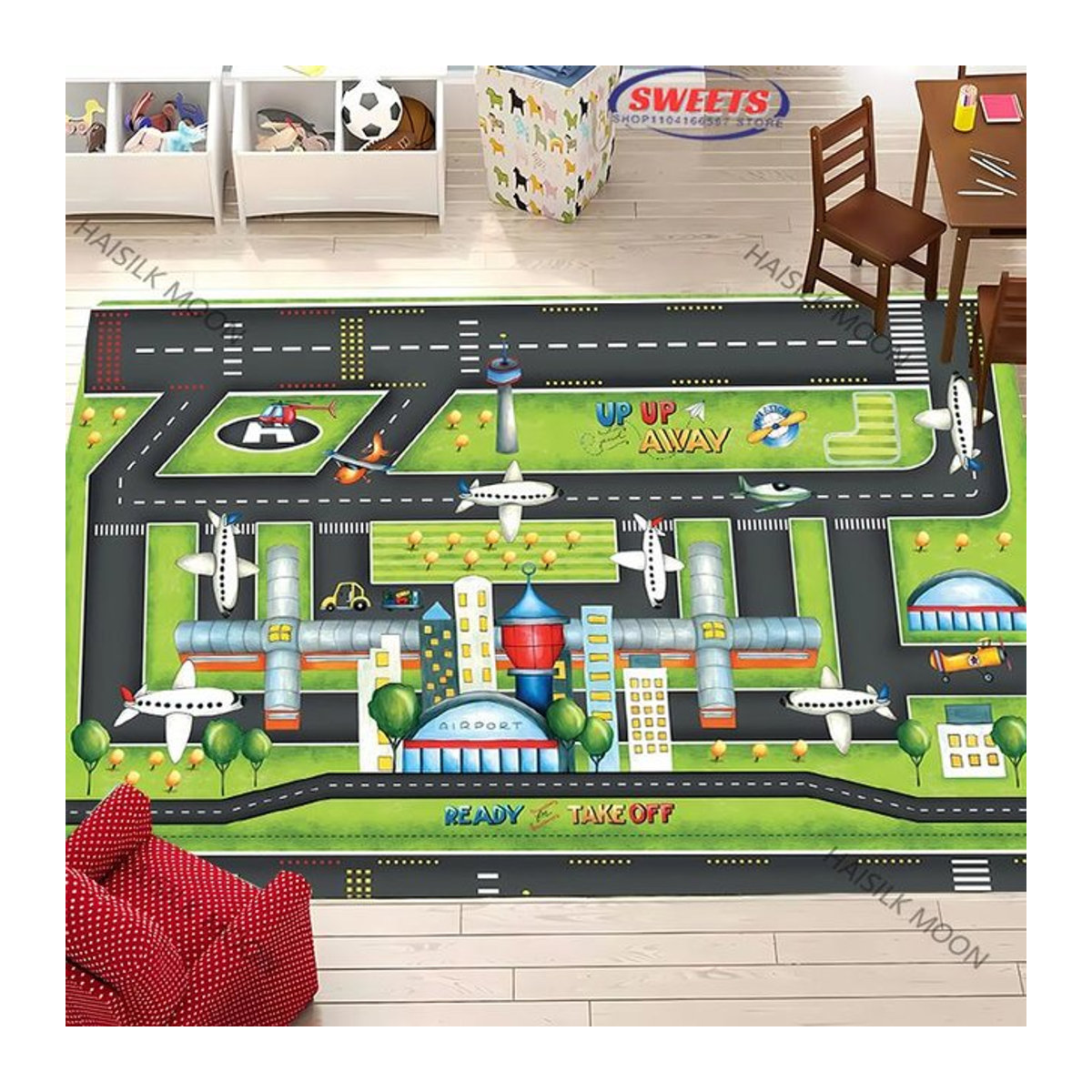 Dekorativer Druckteppich mit Flugzeug- und Flughafenthema für Wohnzimmer oder Kinderzimmer, Breite: 120 cm, Tiefe: 160 cm - Bild 1