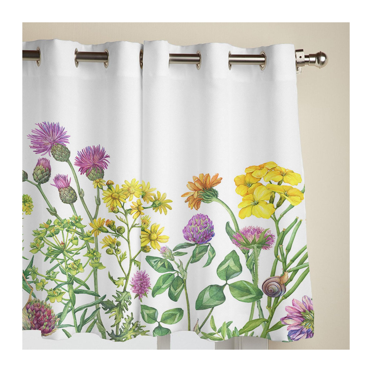 Dekorativer Fenstervorhang mit Gänseblümchen-Frühlingsblumen-Design von Binchi Outdoor Equipment in Weiß, halbtransparent, B: 135 cm, H: 60 cm - Bild 1