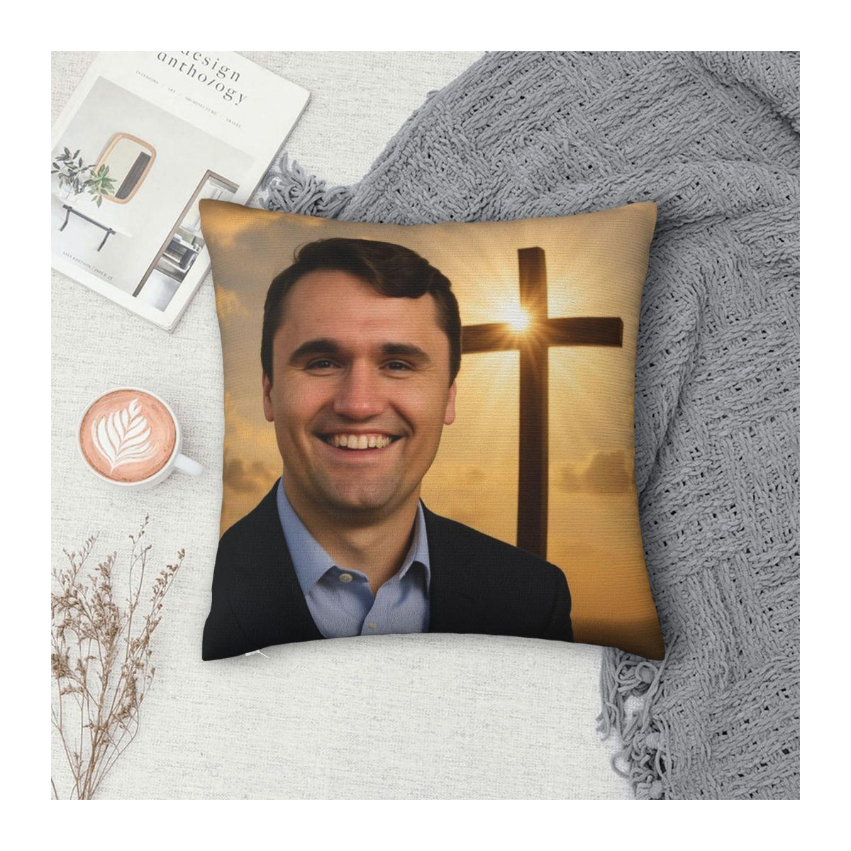 Dekorativer Kissenbezug mit Charlie Kirk Jesus Druck, Peach Skin Material, B/H: 18 x 18 cm - Bild 1