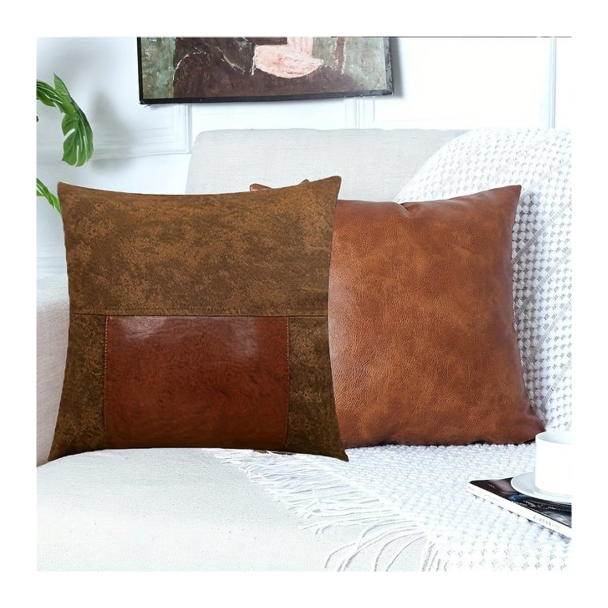 Dekorativer Kunstleder Kissenbezug im Boho-Bauernhaus-Stil für Sofa und Bett, quadratisch - Bild 1