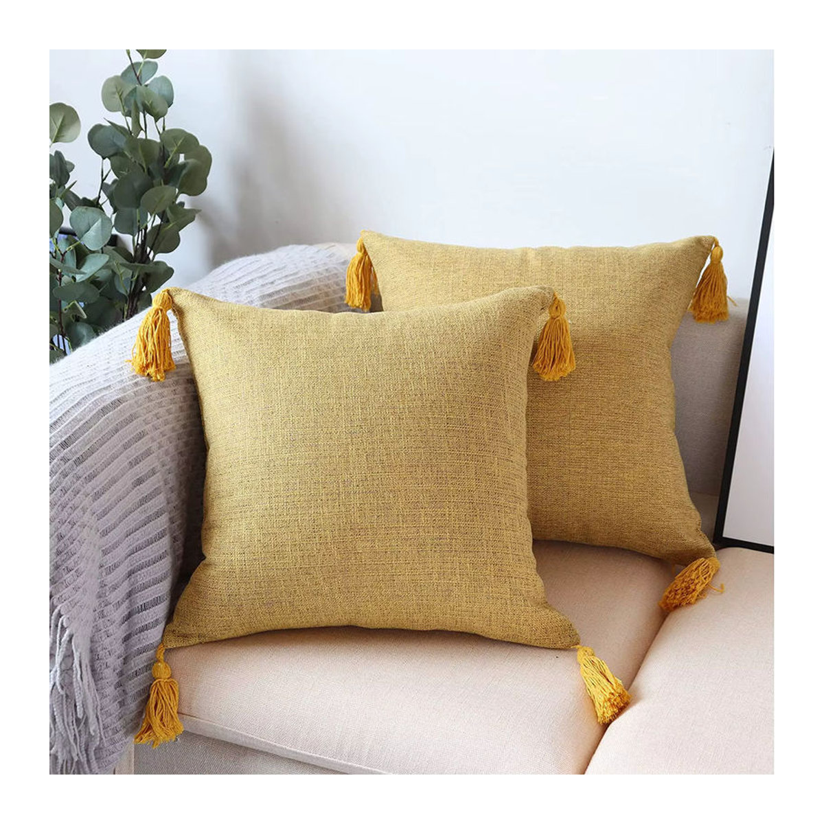 Dekorativer Leinen Kissenbezug im Retro-Boho-Stil für dein Sofa, Gelb, B/H: 45 x 45 cm - Bild 2