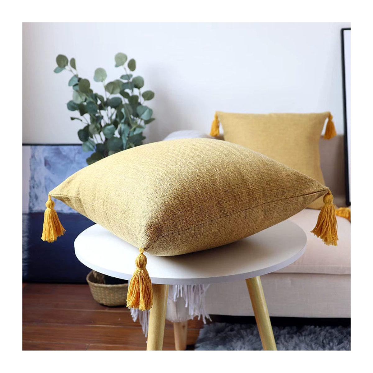 Dekorativer Leinen Kissenbezug im Retro-Boho-Stil für dein Sofa, Gelb, B/H: 45 x 45 cm - Bild 4