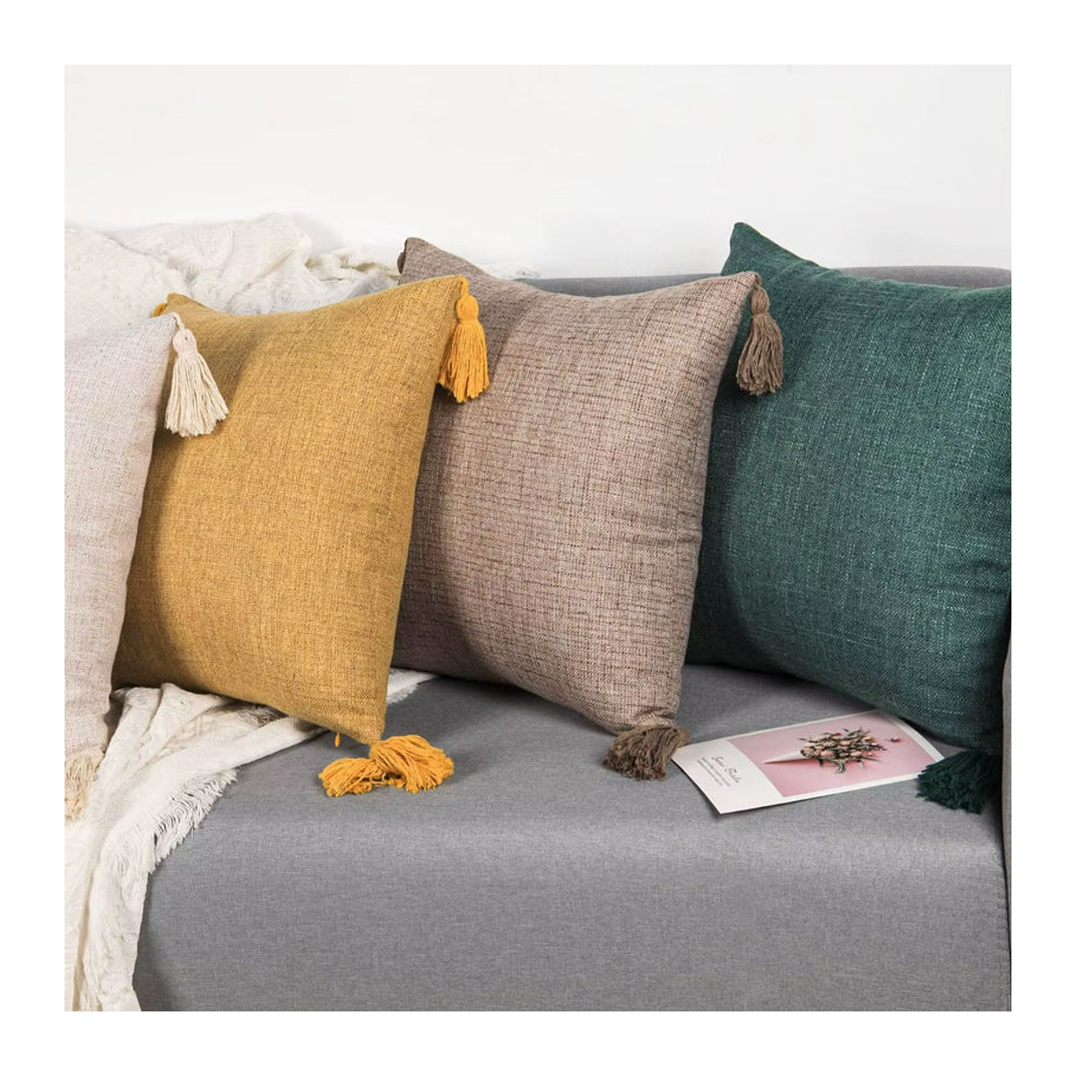 Dekorativer Leinen Kissenbezug im Retro-Boho-Stil für dein Sofa, Gelb, B/H: 45 x 45 cm - Bild 5