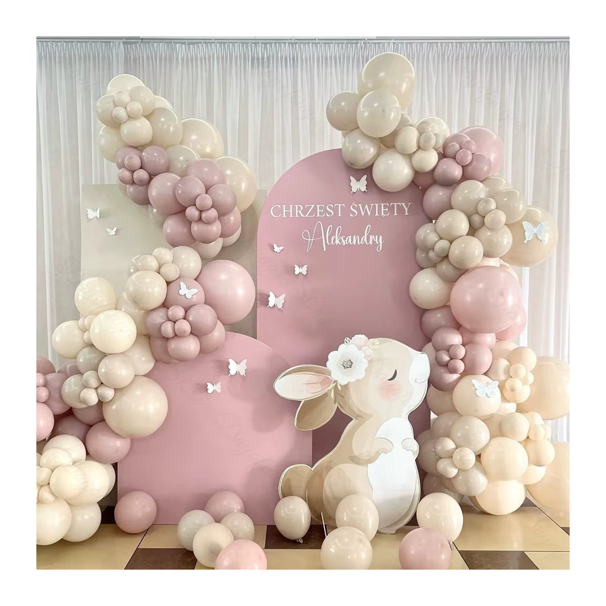 Dekorativer Mosaik-Bogen mit Blumen, Kaninchen und Schmetterlingen in Beige für Babyparty oder Geburtstag, Breite: 92 cm - Bild 3