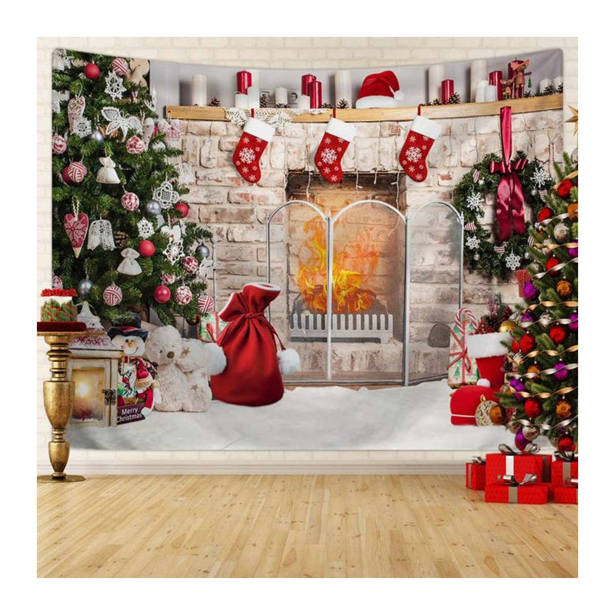 Dekorativer Weihnachts-Wandteppich mit Kamin- und Weihnachtsbaum-Motiv als Fotohintergrund aus Stoff - Bild 1