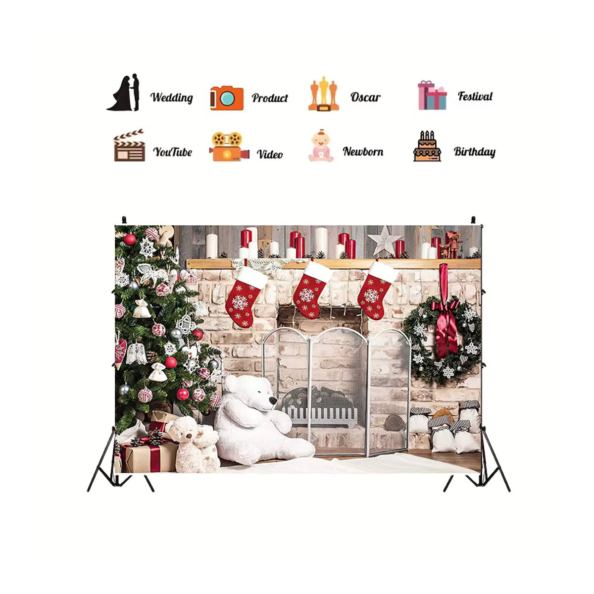 Dekorativer Weihnachts-Wandteppich mit Kamin- und Weihnachtsbaum-Motiv als Fotohintergrund aus Stoff - Bild 2