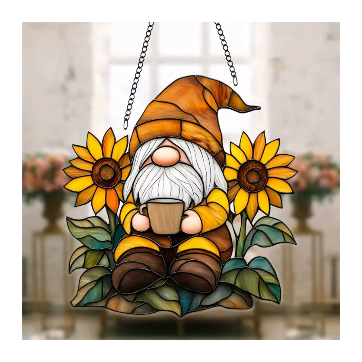 Dekorativer Zwerg mit Sonnenblume als Hängeanhänger und Windspiel aus Acryl in Multicolor für Garten und Fenster - Bild 3