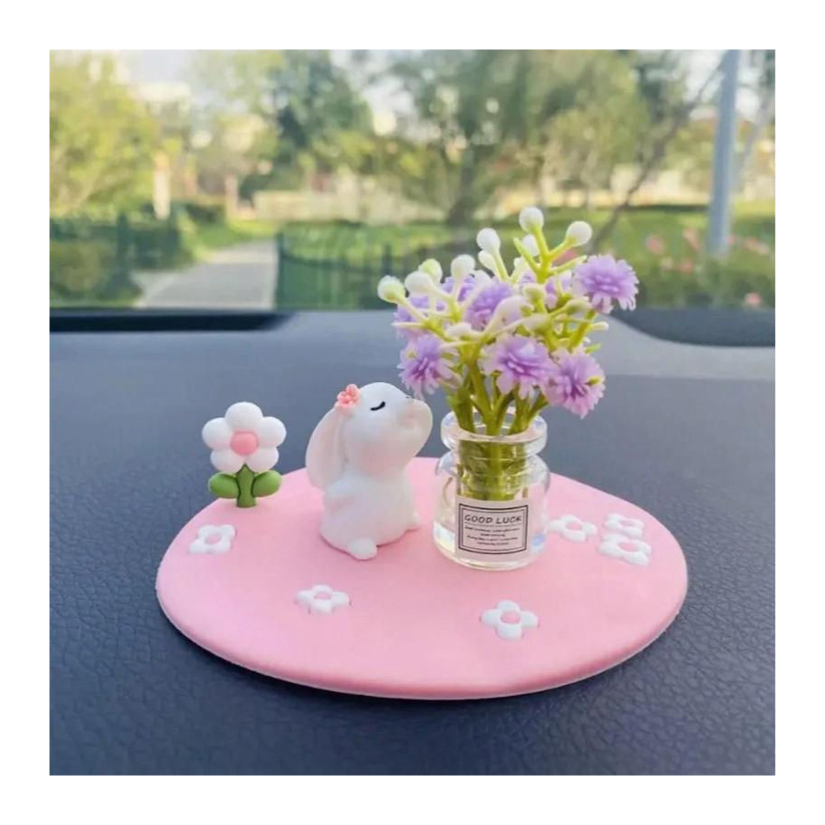 Dekoratives Glas-Vase-Set mit Gänseblümchen und vierblättrigem Kleeblatt in Rosa mit niedlicher Tierfigur aus Kunstharz und Glas - Bild 1