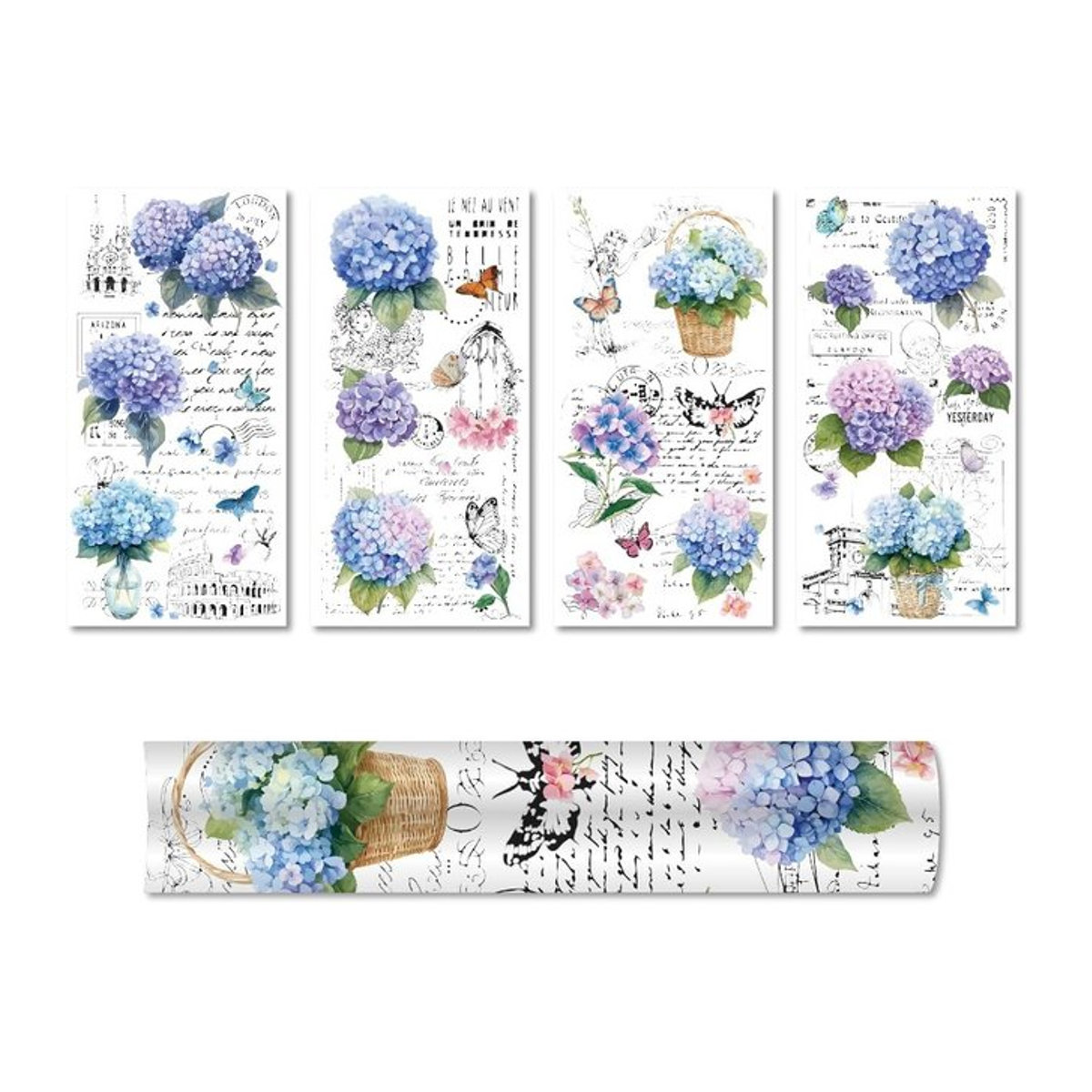 Dekoratives Hortensien Wandtattoo Set mit blauen Blumen und Schmetterlingen aus wasserfestem PVC in Multicolor - Bild 1