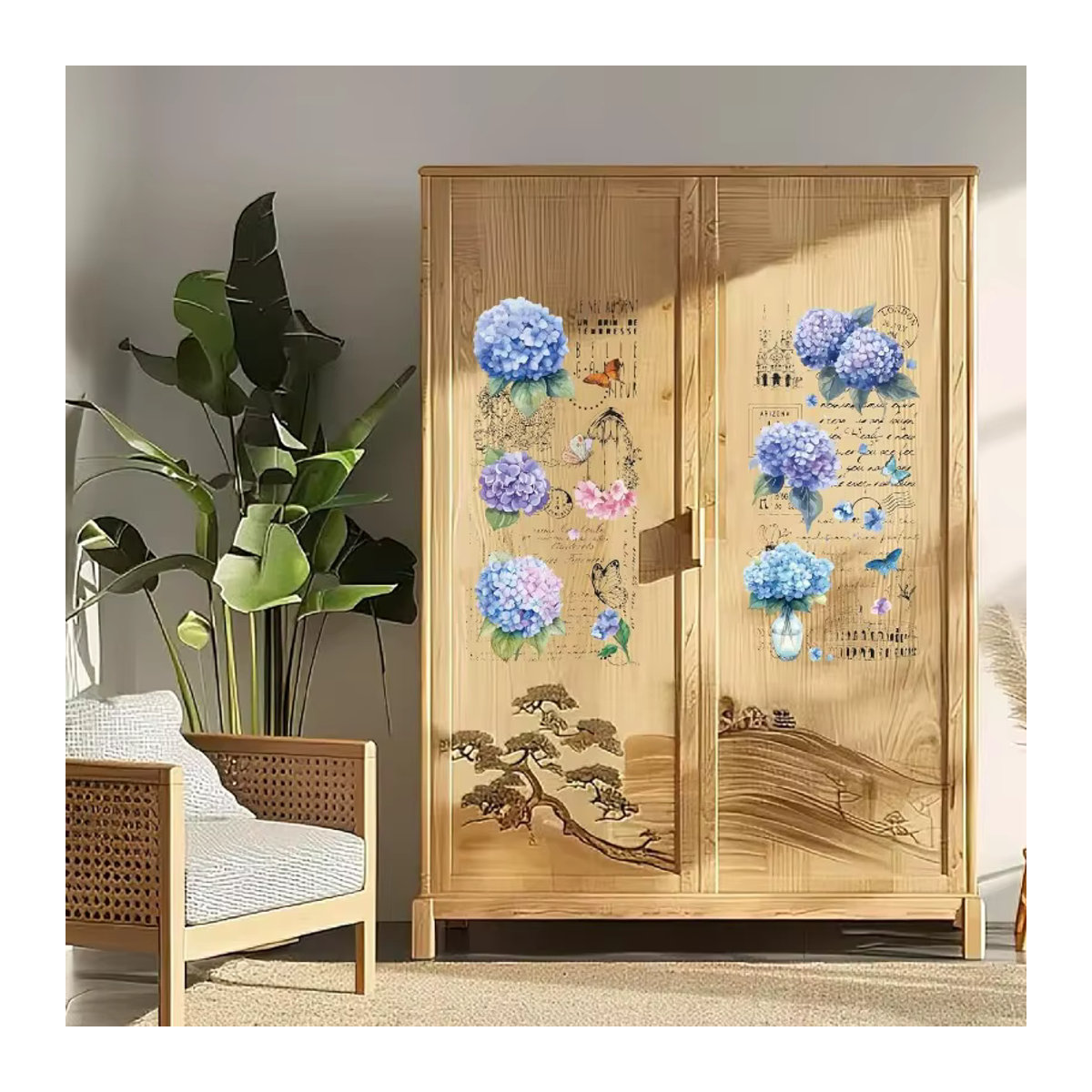 Dekoratives Hortensien Wandtattoo Set mit blauen Blumen und Schmetterlingen aus wasserfestem PVC in Multicolor - Bild 2
