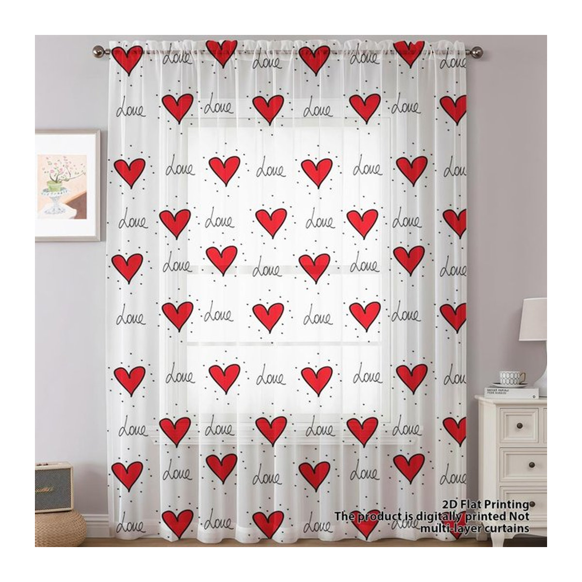 Dekoratives Voile-Fenstervorhang Set mit handgeschriebener Liebesbotschaft für Valentinstag, Polyester, Transparent, B: 100 cm, H: 70 cm - Bild 1
