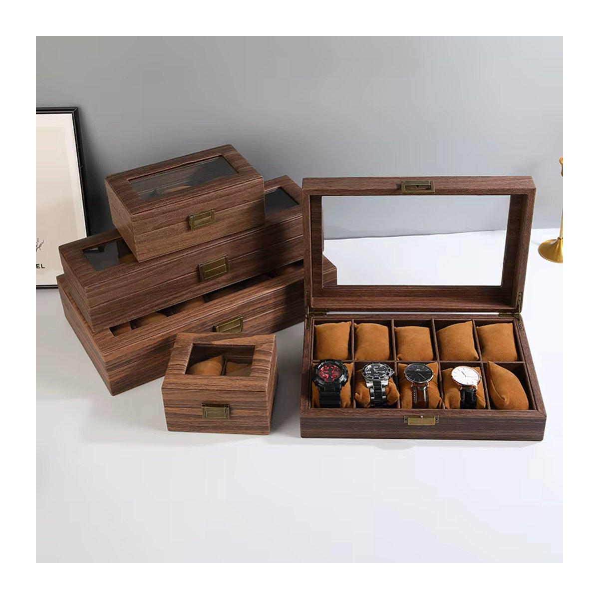 DELESYS Retro Uhrenbox aus Leder mit Holzmaserung zur Aufbewahrung von Uhren, Brillen und Kopfbedeckungen - Bild 2