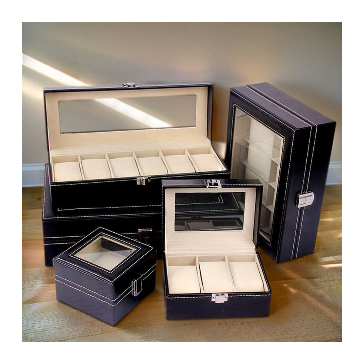 DELESYS Uhren-Displaybox aus Leder im klassischen Stil für Schmuckuhren, Beige und Schwarz - Bild 1