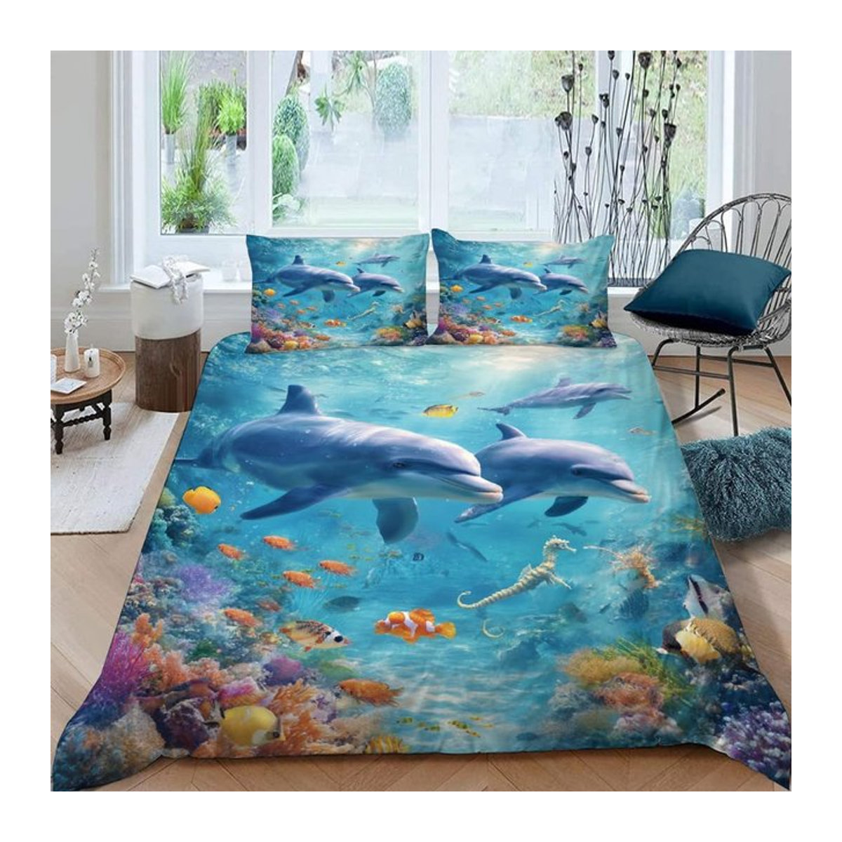Delfin Bettwäscheset 2-teilig mit Ozean Unterwasser Tropische Fische Druckmuster für Kinder, B/H: 135 x 200 cm - Bild 1