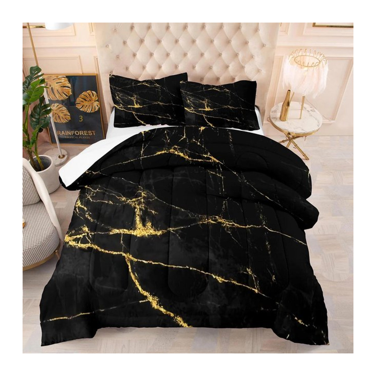 Designer Bettwäsche Kollektion in Schwarz-Gold-Marmor-Optik mit 2 Kissenbezügen, Nordischer Luxus Stil, B/H: 200 x 200 cm, Kissenbezüge B/H: 70 x 133 cm - Bild 1