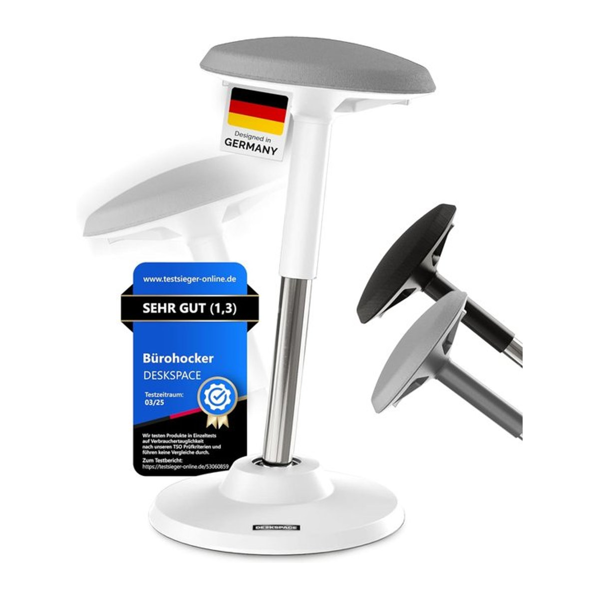 DESKSPACE Motion Bürohocker Stehstuhl in Weiß mit Stoffbezug und Metallgestell - Bild 1