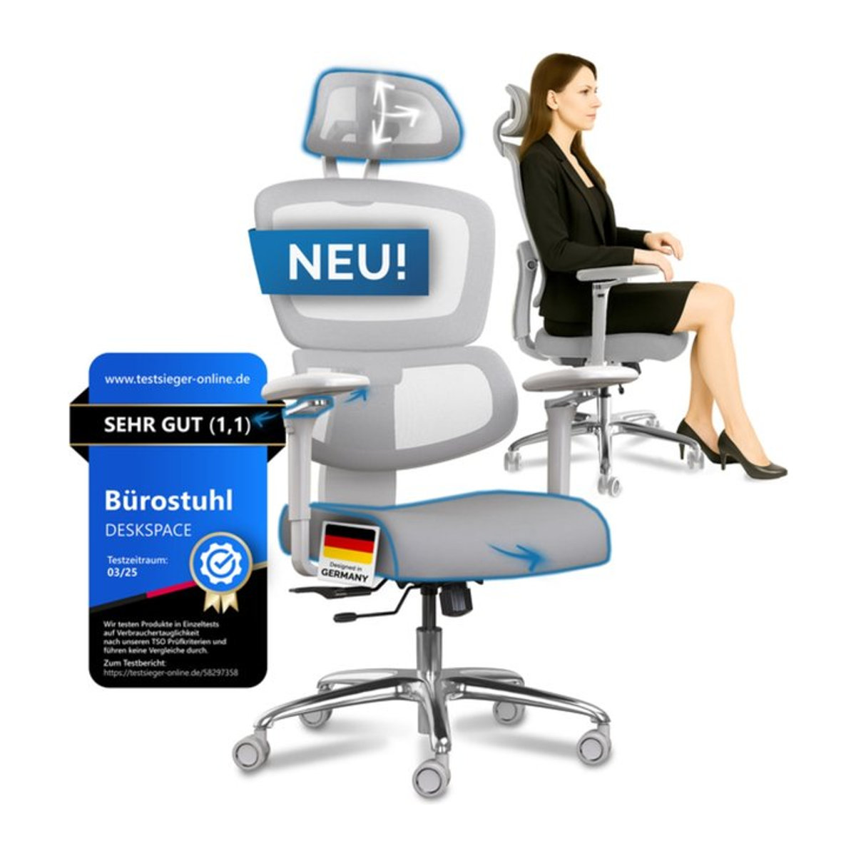 DESKSPACE Move Pro Bürostuhl in Grau mit Mesh-Rückenlehne und 150 kg Belastbarkeit - Bild 1