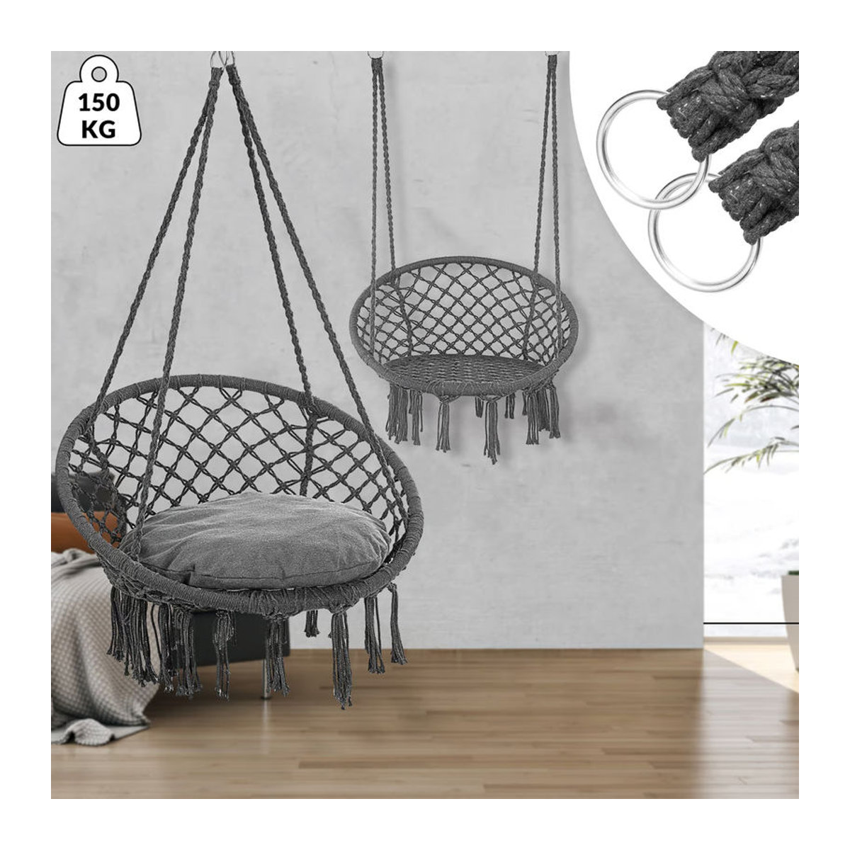 DETEX® Hängesessel in Anthrazit im Boho Stil mit Kissen, wetterfest und 360° drehbar, B/T/H: 80 x 60 x 140 cm - Bild 2