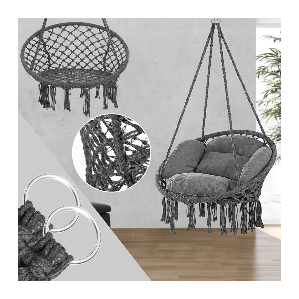 DETEX® Hängesessel in Anthrazit im Boho Stil mit Kissen, wetterfest und 360° drehbar, B/T/H: 80 x 60 x 140 cm - Bild 3