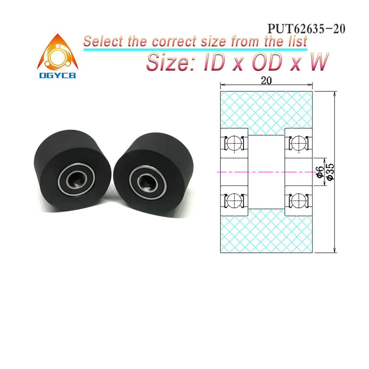 Dgycb Polyurethan-Rolle PUT62635-30 mit zwei Lagern, Schwarz, B/T/H: 35 x 30 x 6 mm - Bild 2