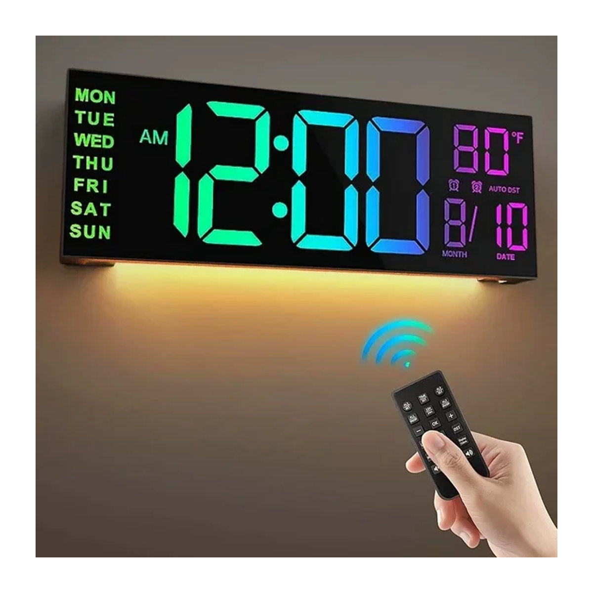 Digitale LED Wanduhr von NieNie in Schwarz mit Fernbedienung, RGB-Stimmungslicht in 8 Farben, Dual-Alarm, Timer und Countdown, 16 Zoll - Bild 1