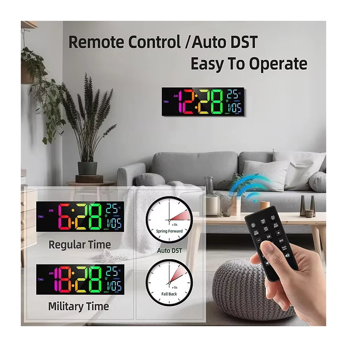 Digitale LED Wanduhr von NieNie in Schwarz mit Fernbedienung, RGB-Stimmungslicht in 8 Farben, Dual-Alarm, Timer und Countdown, 16 Zoll - Bild 2