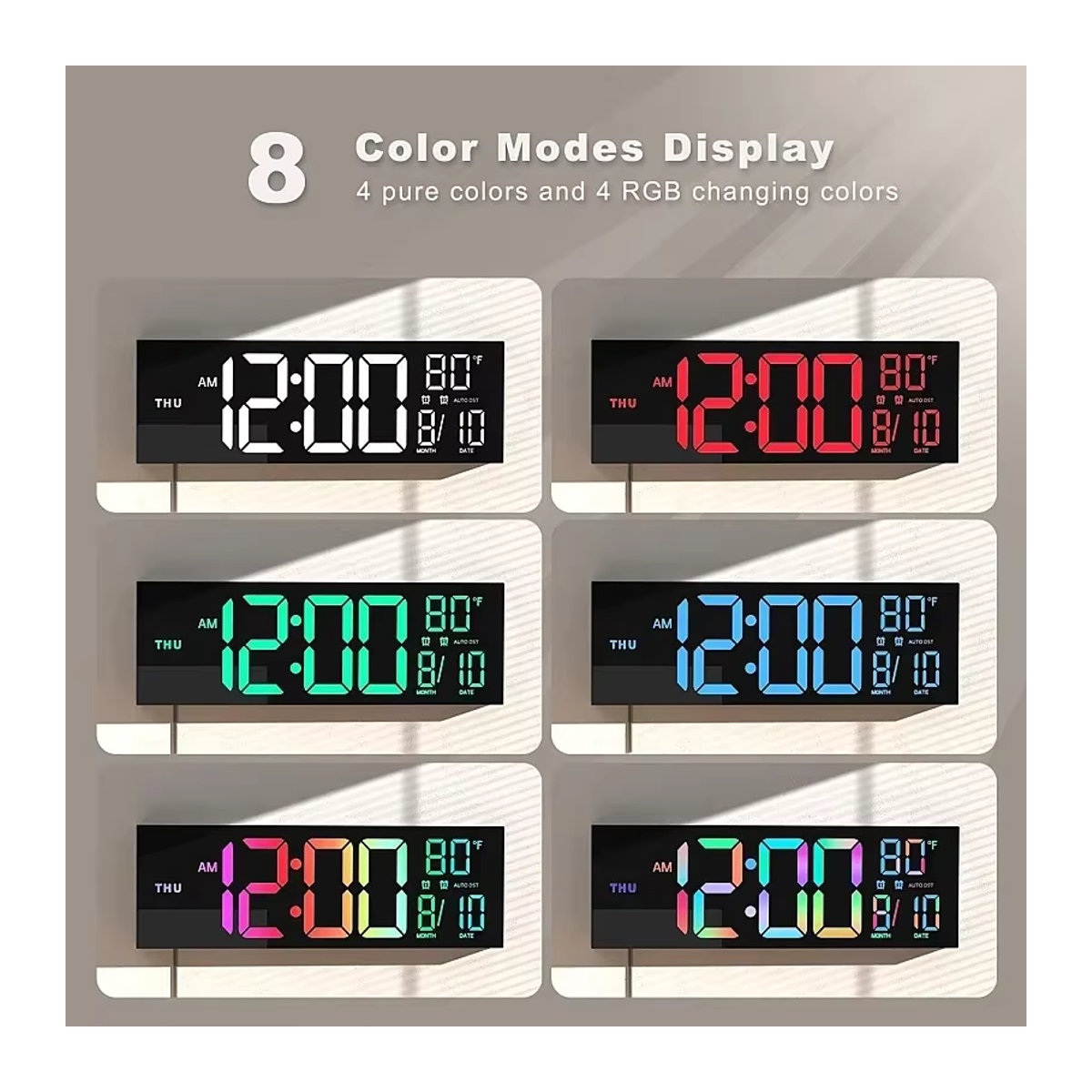 Digitale LED Wanduhr von NieNie in Schwarz mit Fernbedienung, RGB-Stimmungslicht in 8 Farben, Dual-Alarm, Timer und Countdown, 16 Zoll - Bild 3