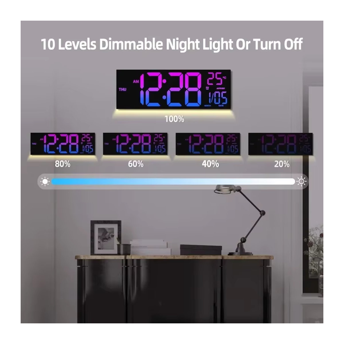 Digitale LED Wanduhr von NieNie in Schwarz mit Fernbedienung, RGB-Stimmungslicht in 8 Farben, Dual-Alarm, Timer und Countdown, 16 Zoll - Bild 4