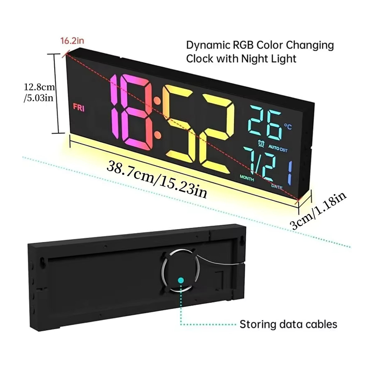 Digitale LED Wanduhr von NieNie in Schwarz mit Fernbedienung, RGB-Stimmungslicht in 8 Farben, Dual-Alarm, Timer und Countdown, 16 Zoll - Bild 5