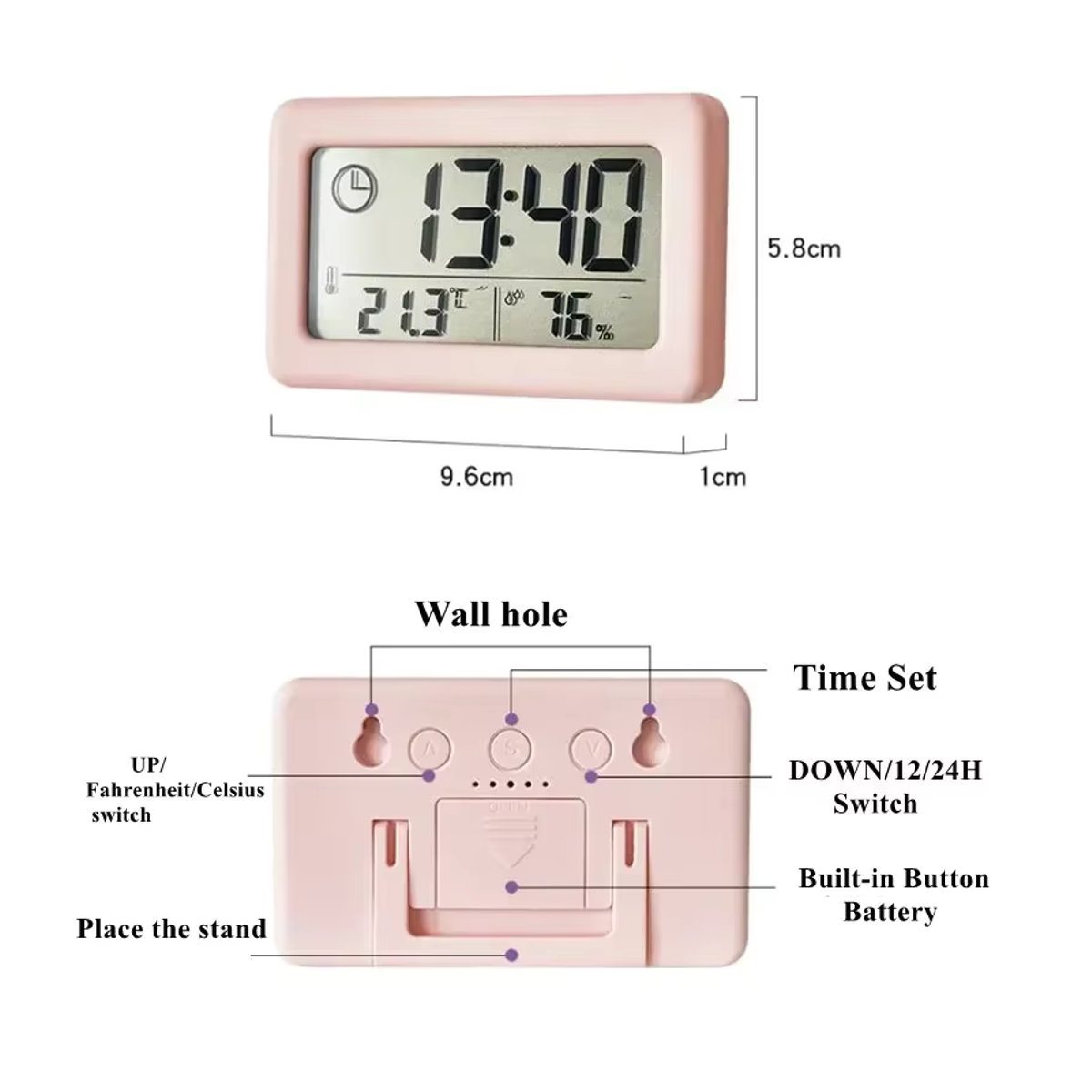 Digitale Wanduhr und Tischuhr mit Thermometer und Hygrometer in Grün mit geometrischem Design - Bild 2