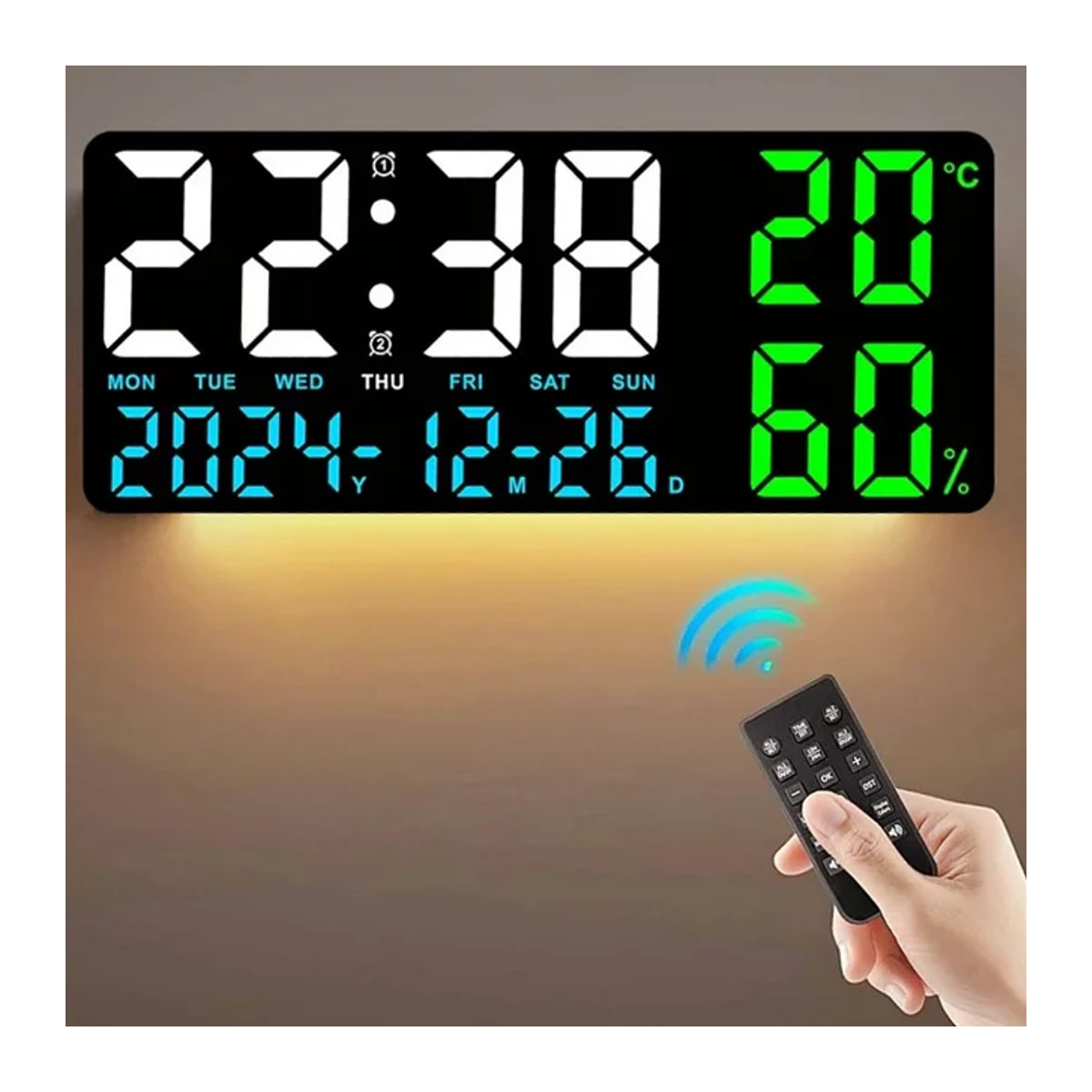 Digitale Wanduhr von NieNie in Beige und Schwarz mit LED-Beleuchtung, Stimmungslicht, Fernbedienung, Dual-Alarm, Timer und Countdown, modern und wandmontiert - Bild 1